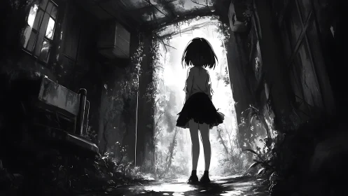 Backlit girl in overgrown corridor, high contrast anime chiaroscuro.
