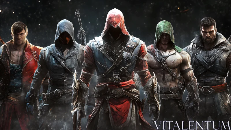 Hooded fantasy warriors lineup with detailed battle gear.