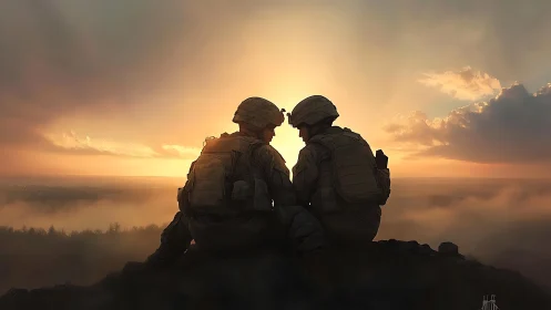Silhouetted Soldiers Against Golden Sky at Dusk.