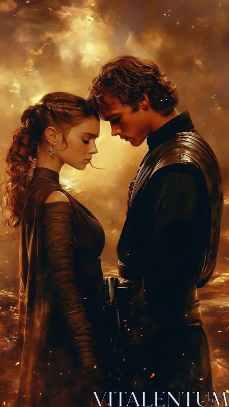 Cinematic Romance Against Golden Fire Background.
