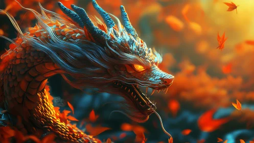 Fiery autumn dragon coils through glowing leaves and light