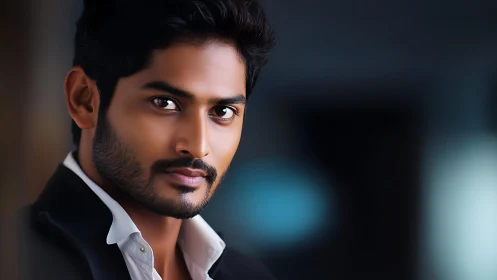 Confident man in suit jacket against soft blurred background.