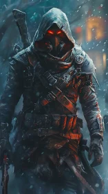 Hooded ember-eyed ranger stalks through frozen neon streets