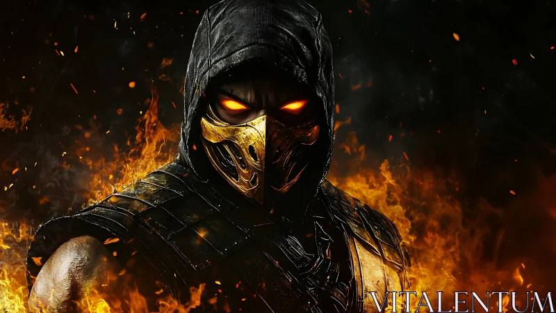 Hooded armored figure with glowing eyes stands amid flames