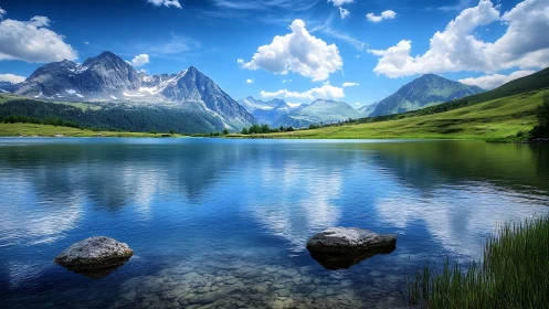 Mountain lake reflects clouded sky and distant snow peaks