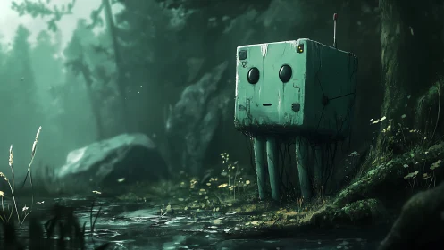 Curious forest robot quietly explores a misty hidden stream