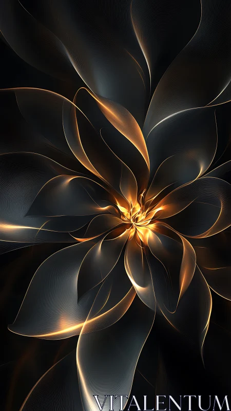 Luminous abstract flower with flowing metallic petals.