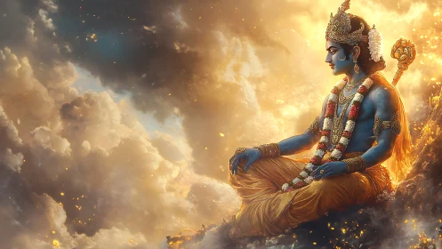 Divine blue deity in meditative pose amid radiant cloudscape