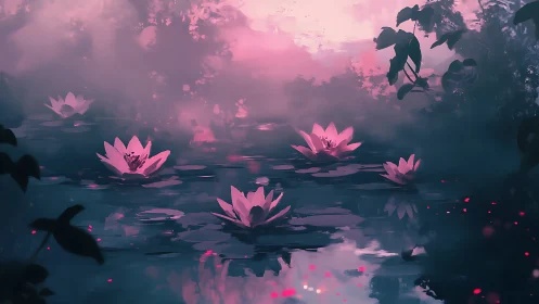 Dreamlike pink water lilies on misty twilight pond.