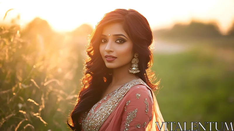 Woman in embellished saree stands in backlit outdoor field