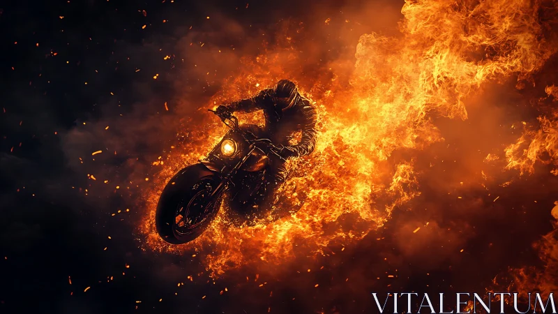 Photorealistic fiery motorcycle jump in dynamic low key lighting.