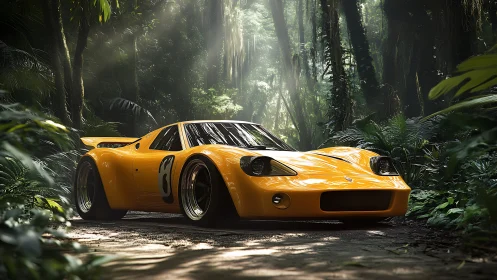 Yellow race car rests on sunlit jungle dirt track
