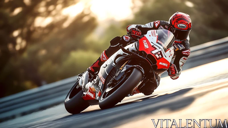 Racing motorcycle leans into apex with motion-blurred background