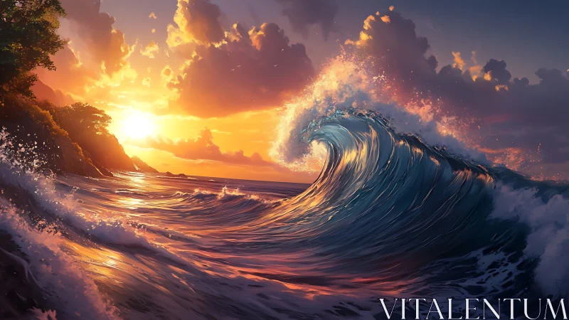Digital seascape depicts large curling wave at sunset