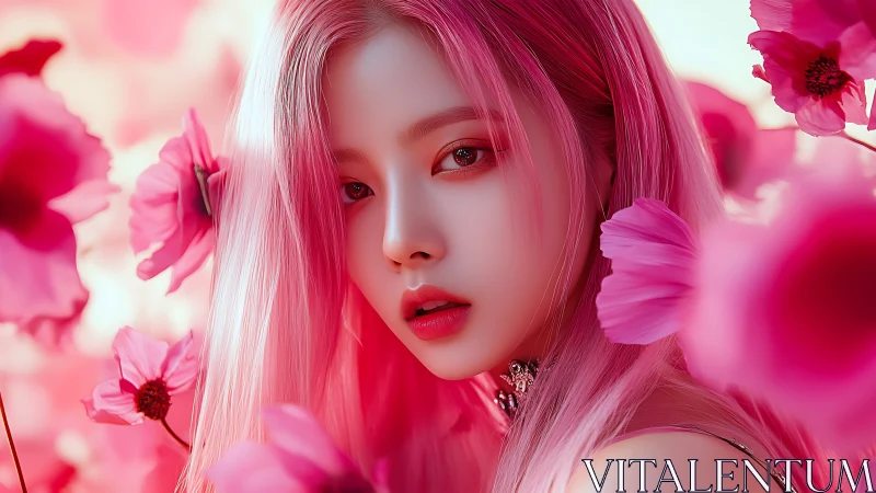 Pink haired woman portrait framed by vivid magenta flowers