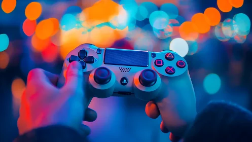 Hands hold PlayStation controller against blurred neon lights