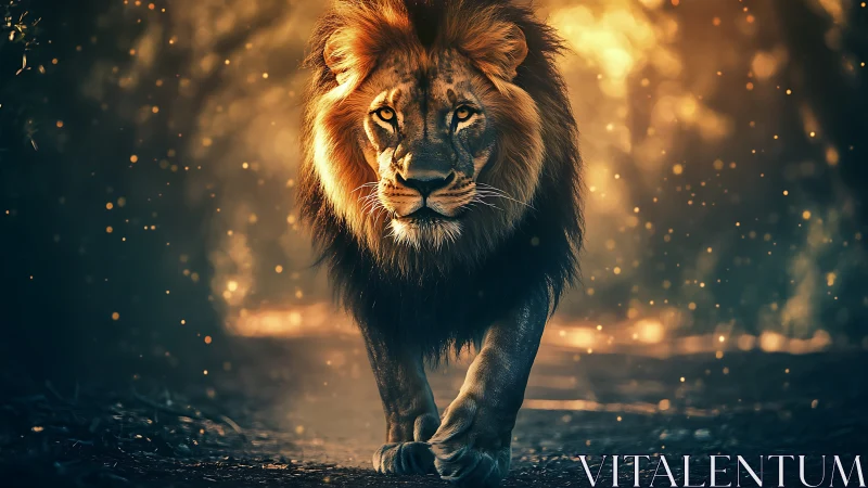 Golden forest lion walks forward with calm, steady power