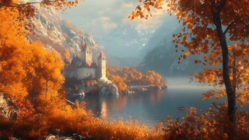 Medieval lakeside castle glows amid vivid autumn mountains