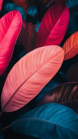 Vibrant tropical leaves in neon-toned macro close-up.