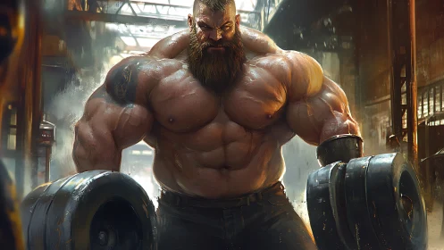 Hyper-muscular bearded strongman in industrial weight bay.