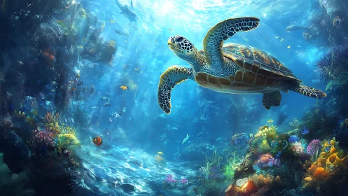Digital painting of sea turtle gliding over luminous reefscape.