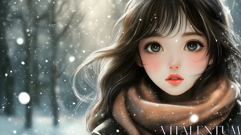 Snowlit anime portrait captures emotive gaze in soft winter light