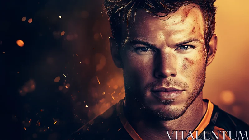 Battle-worn male portrait in warm cinematic rim lighting glow