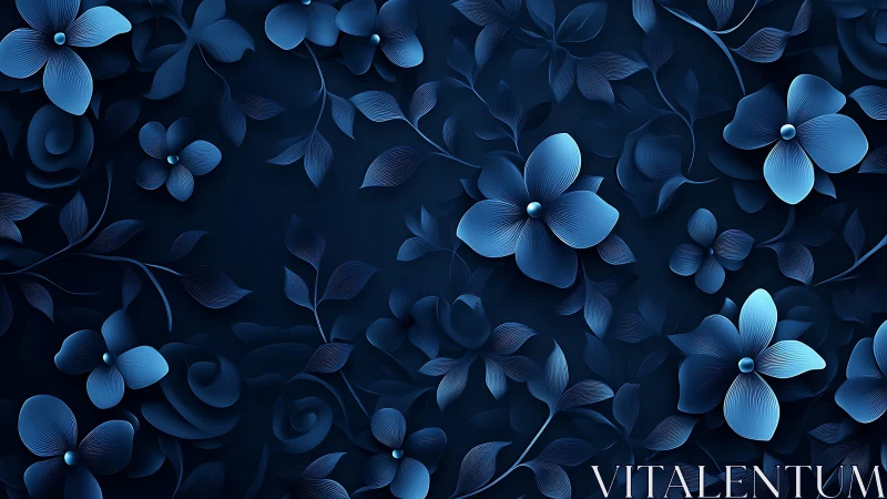 Blue Floral Depth: Elegant 3D Rendered Botanical Composition.
