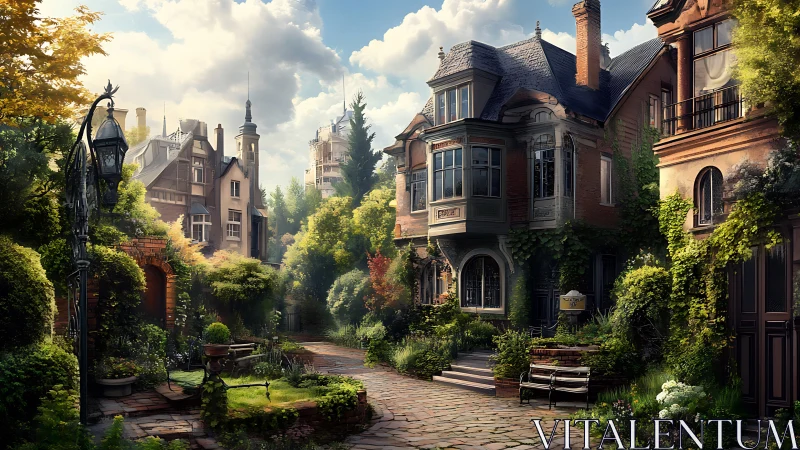 Sunlit ivy lane embracing storybook townhouses in bloom.