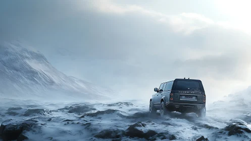 SUV drives across icy, rocky terrain under heavy winter fog