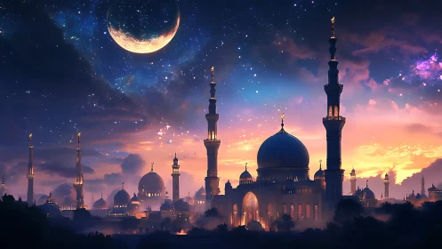 Mosque skyline stands under crescent moon and dense starfield