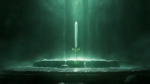 Sword stands vertically on stone dais in dim green chamber