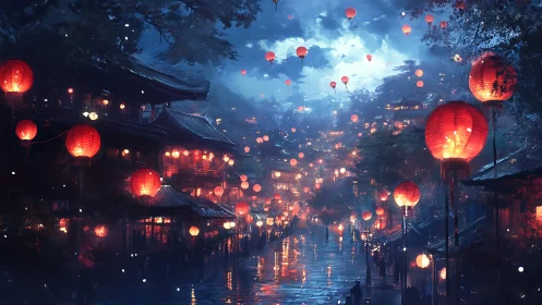 Lantern lit street glows softly under a dreamy night sky