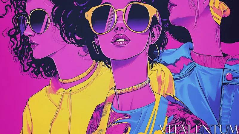 Neon pop art portraits of three women in sunglasses.