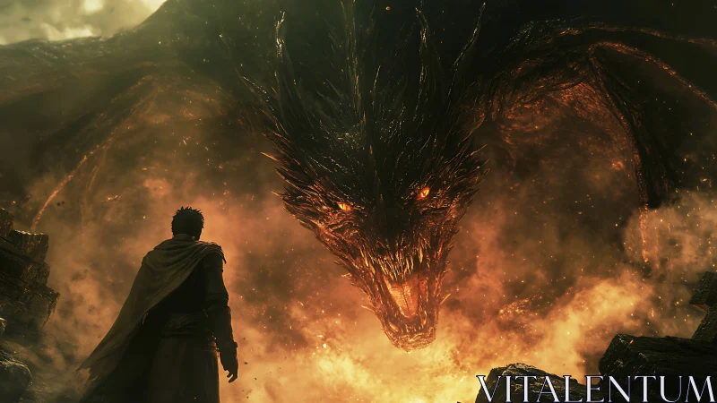 Lone warrior confronts a fire-breathing dragon in molten dusk