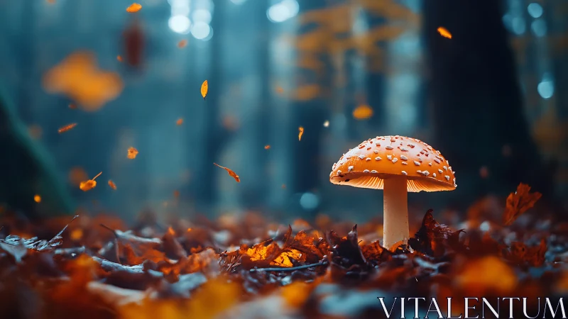 Autumn fairy-ring mushroom glows amid swirling forest embers.
