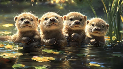 Four baby otters grouped in shallow sunlit pond water.