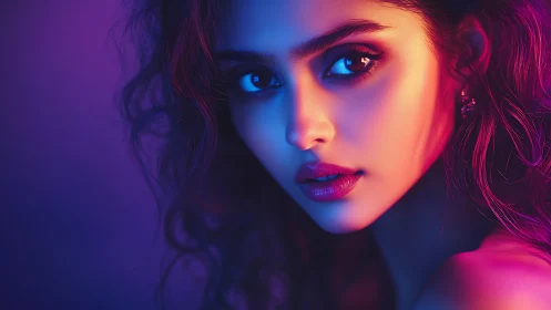 Neon-lit gaze sculpted in electric twilight color storms.