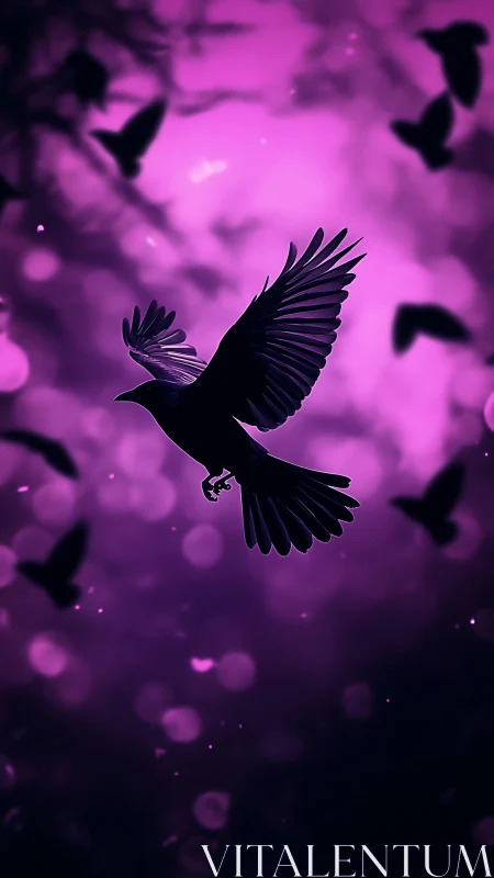 Silhouetted raven soars through violet bokeh twilight sky