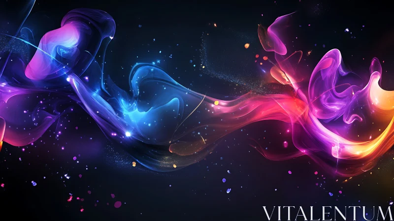 Colorful fluid light trails curve across dark abstract space