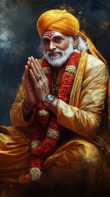 Warmly smiling guru in golden robes offers gentle blessings.