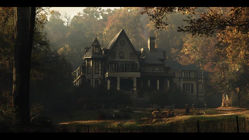 Autumn-shrouded manor broods beneath a hush of golden fog.