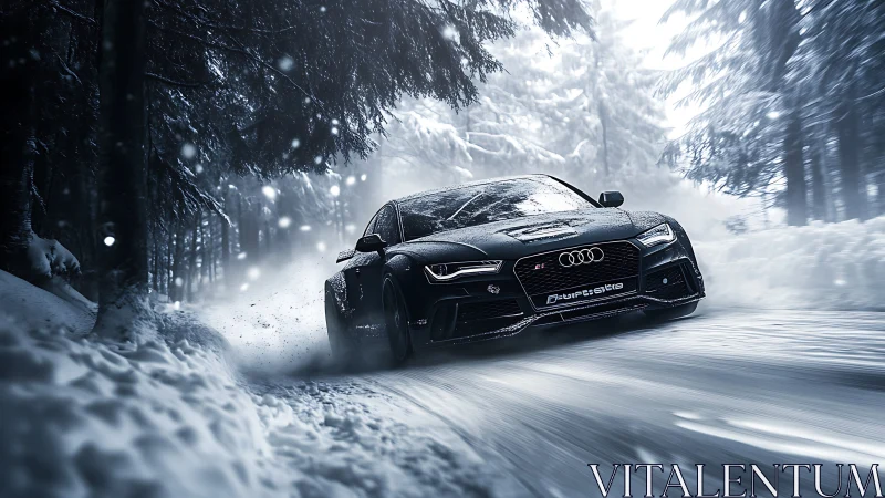 Snowstorm sprint: midnight Audi carving frozen forest roads.