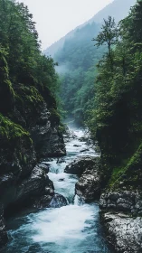 Mountain river carves through misty forest gorge at dawn.