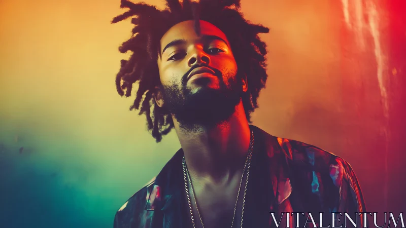 Neon gradient portrait uses low angle lighting for bold presence