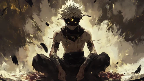 Storm‑eyed wanderer meditating in a ruin of golden ash.