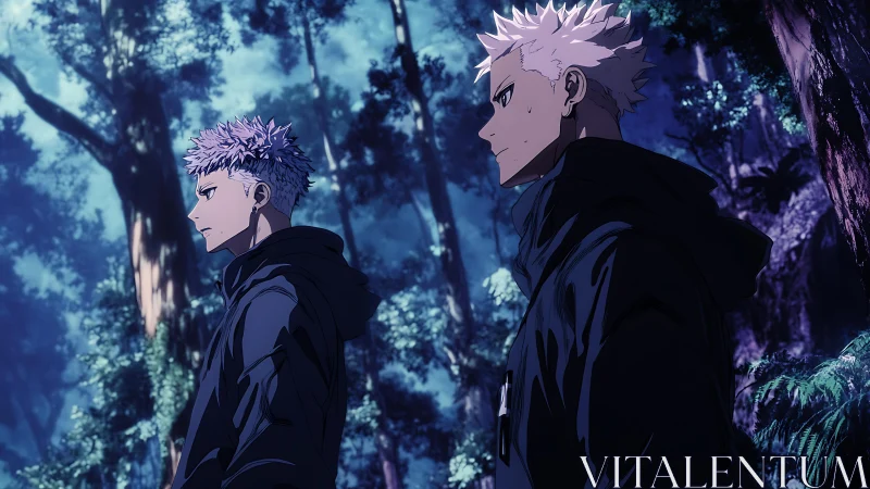 Twin anime warriors stand tense in a moonlit forest scene.