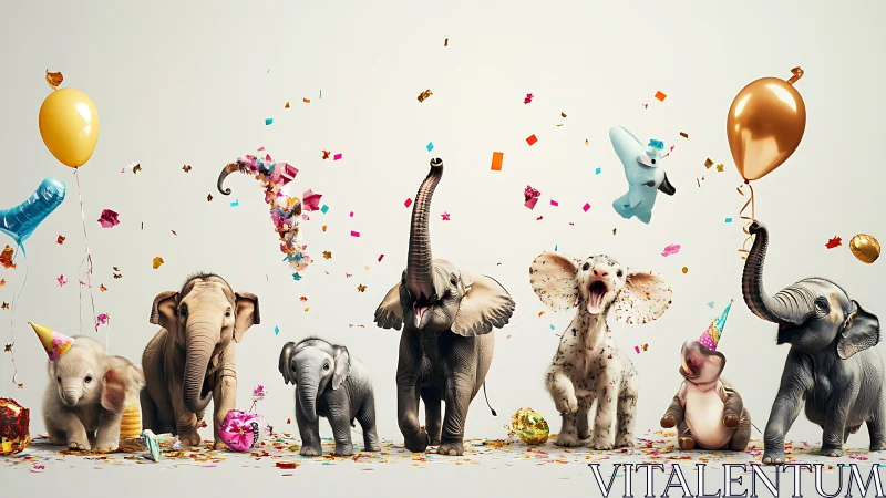 Infant elephants in synchronized party motion, confetti dynamics.