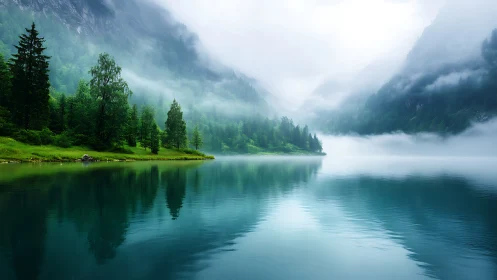 Mist over calm mountain lake with dense green forest.