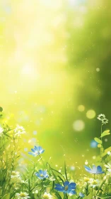 Spring meadow with blue wildflowers in glowing bokeh field.